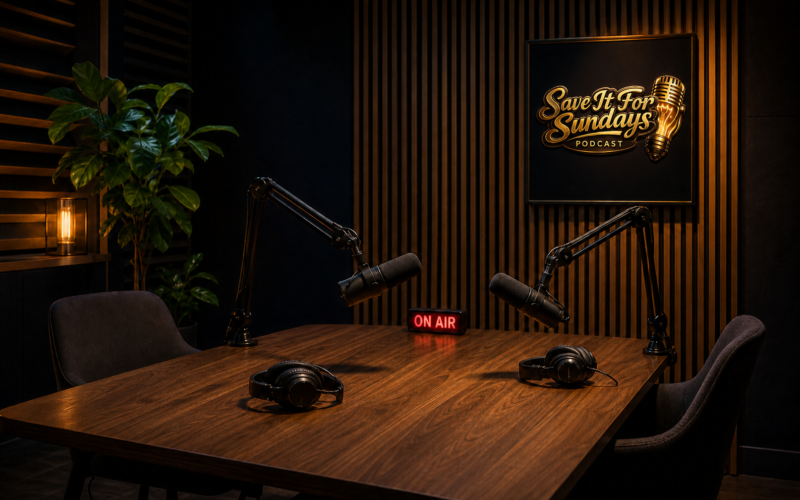 Save It for Sundays logo above the podcast table and microphones